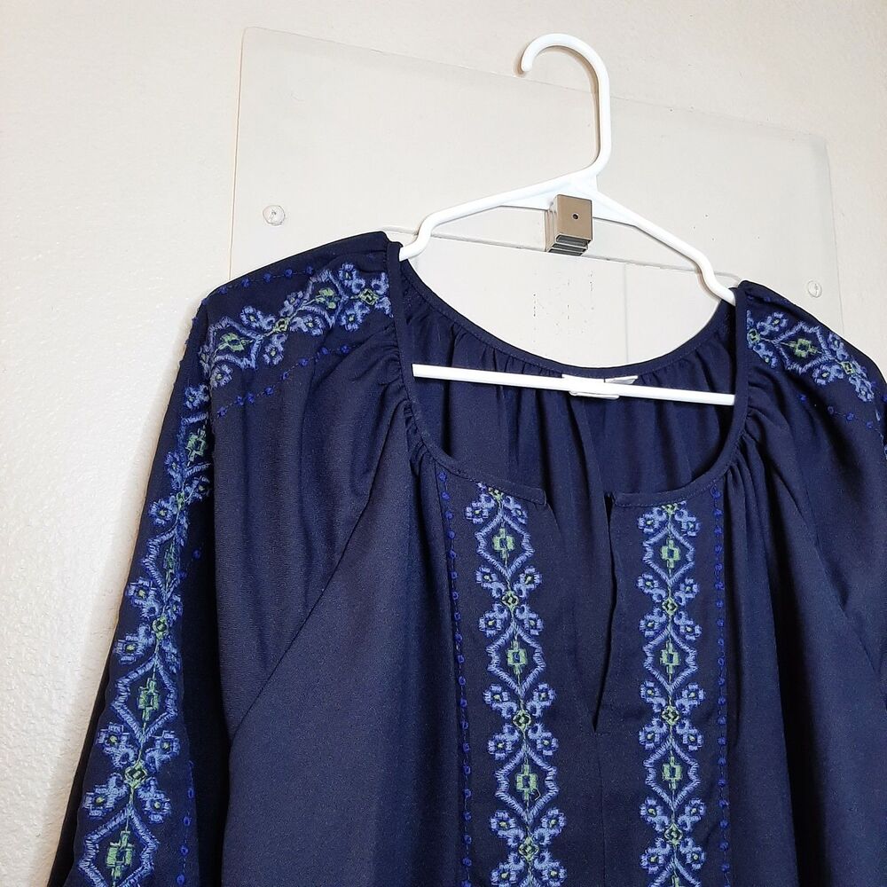 GAP Blouse Navy Blue Women Size XXL Peasant Embroidered Split Neck Long Sleeve - Picture 5 of 10